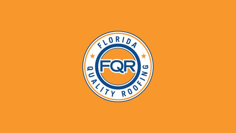 Circular Florida Quality Roofing logo with FQR initials in blue inside concentric rings on an orange background.